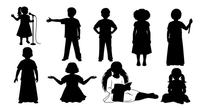 Children silhouettes collection, set of 9 diverse kids vector icons. Black child figures singing, reading, and standing for school designs.
