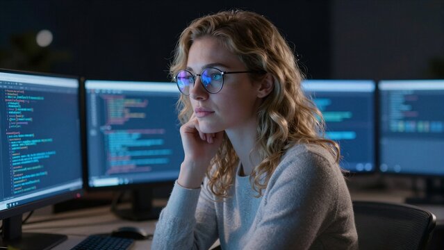 A focused female software developer works late into the night, surrounded by multiple monitors displaying lines of code in a dimly lit office environment.