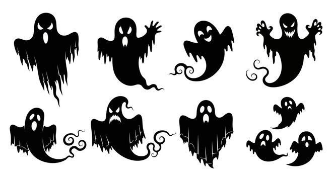 Spooky ghost silhouette collection, 10 black phantom vector icons. Scary halloween spirit characters, creepy flying specter set for party decor.