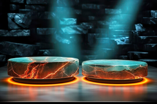 Turquoise and Orange Glowing Marble Product Display Podiums with Moody Stone Wall and Spotlight