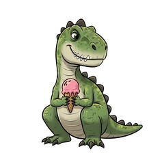 Fototapeta premium Friendly green cartoon dinosaur with dark spots holding a pink strawberry ice cream cone, cute prehistoric reptile character on white background