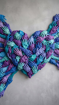 Heart shape composed of many colorful hands, symbolizing unity, support, and care, perfect for health or community themes