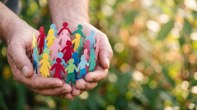 Hands cradling colorful paper people, symbolizing unity, community, and collective care against a soft, blurred natural backdrop
