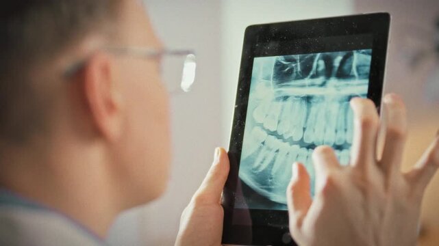 In a modern dental clinic, a dentist reviews a panoramic X-ray of a patient's jaw on a touchscreen tablet, closely inspecting teeth and bone tissue. The diagnostic process helps detect oral issues