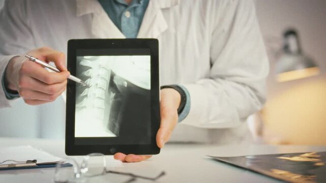 In a modern medical office, a young doctor reviews X-ray images of a patient's cervical spine on a touch tablet, explaining the diagnosis and treatment plan during a consultation carefully