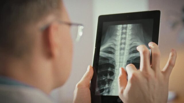 In a medical office, a specialist doctor examines a lumbar spine x-ray on a modern tablet monitor. Using innovative touch technology, the doctor efficiently analyzes the image for diagnostic purposes