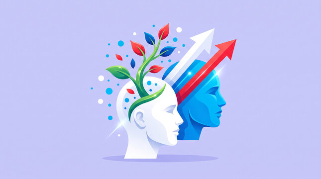 Stylized heads with growing plant and upward arrows, symbolizing growth, development, and progress in thought and achievement