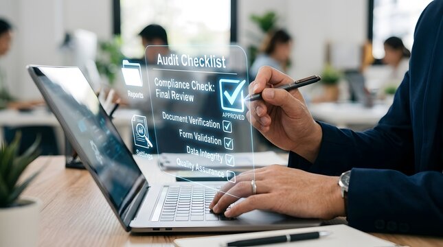 Business Professional Reviewing Digital Compliance Checklist and Risk Management Documents