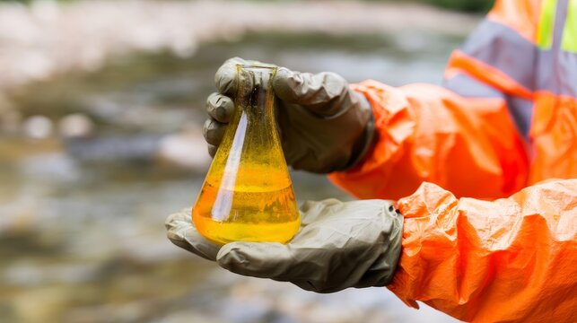 Hazmat technician inspecting water sample flask near contaminated river stream, analyzing industrial pollution levels with protective gear for environmental safety and pollution monitoring concepts