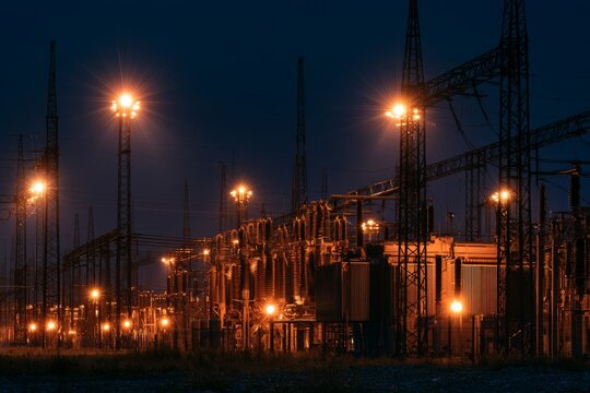 Wide view of electrical substation transformer array at night