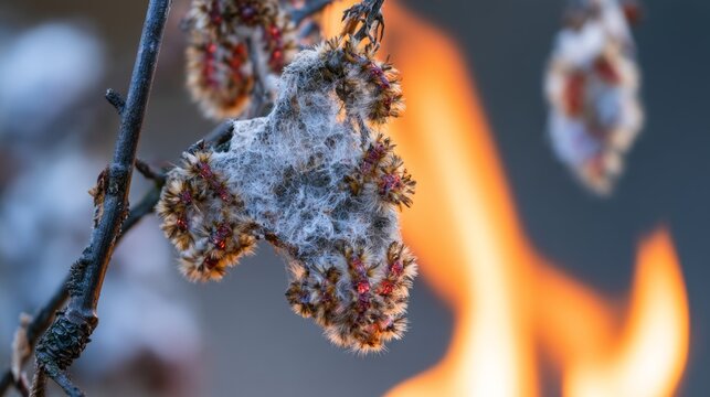 Brown-tail moth caterpillar winter web nest burning in autumn bonfire, showing pest control, diseased branches, insect protection, forest management and ecological prevention concepts