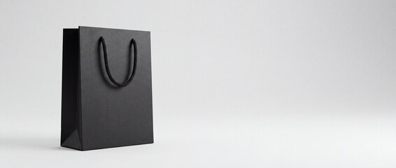 Minimalist black shopping bag with rope handles placed on a plain white background with emphasizing...