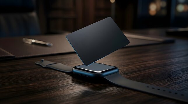Floating blank credit card above smart watch on dark wooden office desk