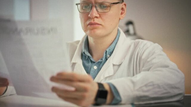 In a white office at his workplace, a doctor meticulously studies the patient's documents, carefully reading the medical card and scrutinizing the insurance policy to ensure comprehensive care