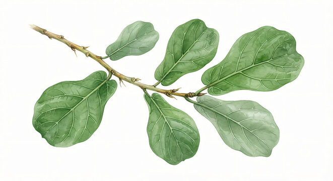 fiddle leaf fig branch with large violin-shaped leaves, realistic botanical watercolor illustration