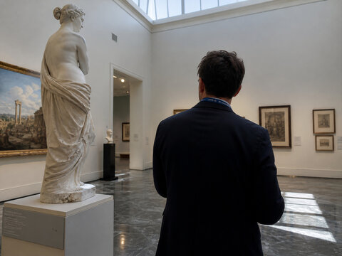 Museum visitor beside classical marble sculpture in gallery with artworks, art and culture concept