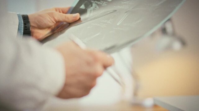 In bright X-ray room, doctor carefully examines large MRI film displaying multiple images of a patient's injury from various angles, utilizing advanced medical imaging to assess and study the damage