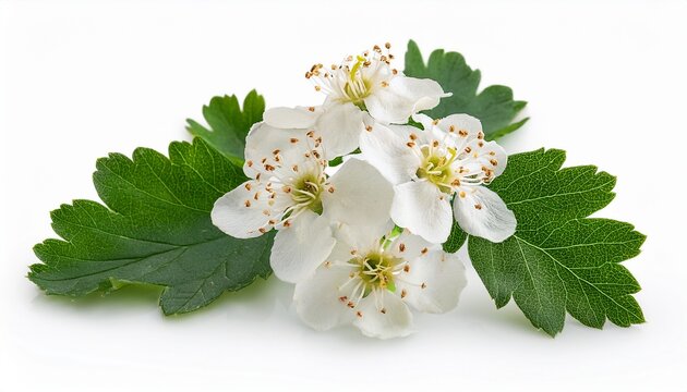 blossoming branch of hawthorn may tree with white flowers and green leaves isolated on white background close up selective focus