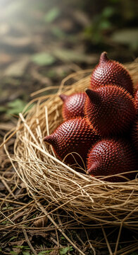 Close-up of spiky red fruit in a dry grass nest, representing natural bounty and harvest, perfect for food or nature themes