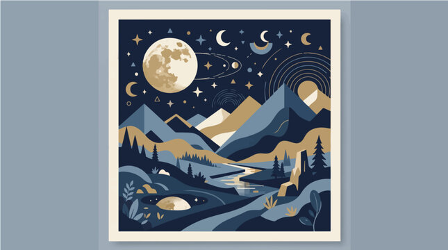 Minimalist vector illustration featuring moonlit mountain landscape with flowing river and golden stars crafted in a modern flat design aesthetic