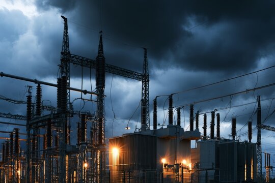 Dramatic low angle view of high voltage electrical substation