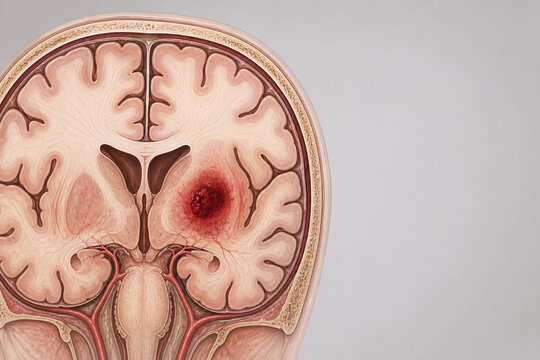 Deep brain hemorrhage medical illustration with copy space