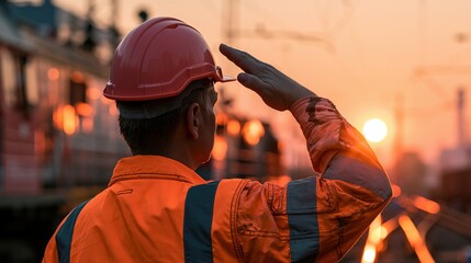 Obraz premium Worker in protective gear salutes during a sunset at a rail yard.