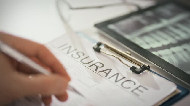 In dentist's office, patient or staff member meticulously completes dental insurance form, entering medical insurance details to secure coverage for dental care, a vital step toward proper treatment