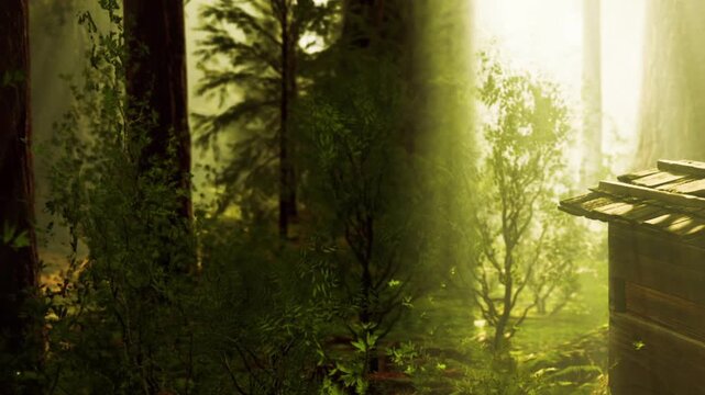 A small structure is located in a dense forest area. Sunlight shines through the trees creating shadows on the ground. Various plants grow around the structure. It is a quiet and natural setting.