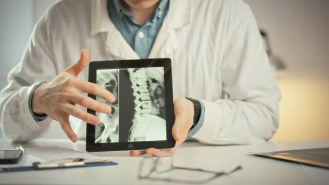 Inside a corporate medical office, a doctor conducts a detailed consultation with a patient, displaying spine X-ray images on a touch tablet and pointing out the problem area for clear understanding