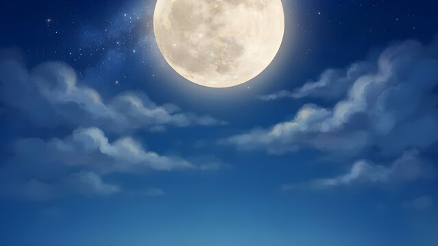 어두운 푸른 밤하늘과 구름 사이에 뜬 거대한 보름달 일러스트
Giant full moon illustration floating between clouds in dark blue night sky