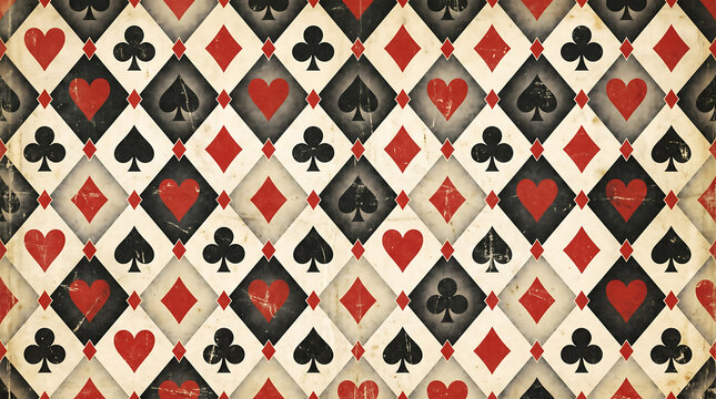 Vintage seamless pattern background with playing card suits like hearts, clubs, spades, and diamonds in a retro distressed style