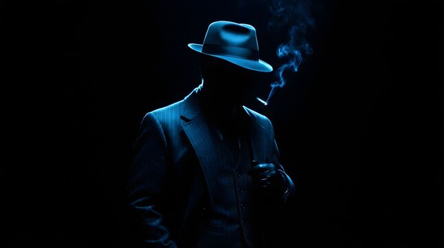 Mysterious man in fedora smoking in dramatic low light