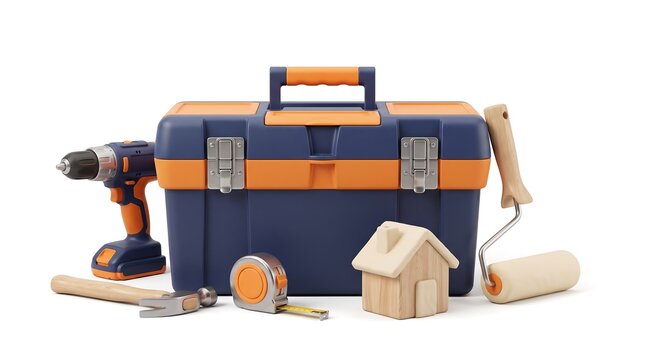 Set of home improvement tools with toolbox and accessories for DIY projects