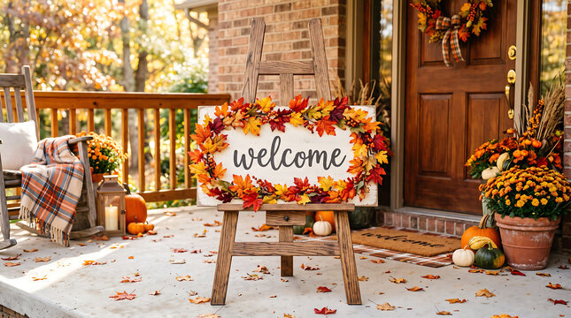 Inviting autumn front porch entrance decorated with welcome sign and fall flowers