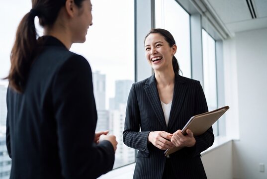 Japanese business women talking and laughing happily in modern office