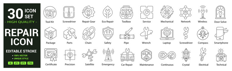Obraz premium Repair line icon set. Including editable outline tool, wrench, toolbox, engineering, technician, mechanical, electrical, car repair and more collection. Editable stroke. Vector illustration.