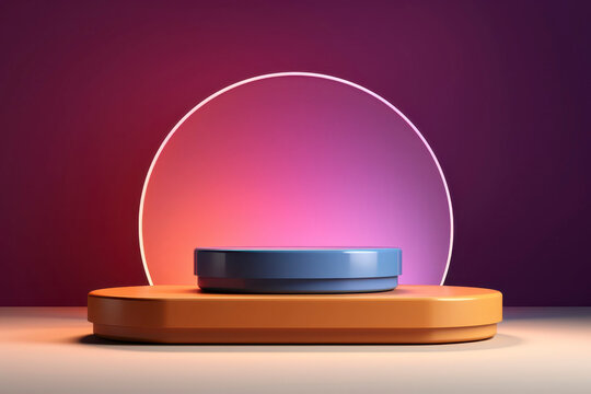 Blue and Orange Product Display Podiums with Glowing Circular Arch and Purple Background
