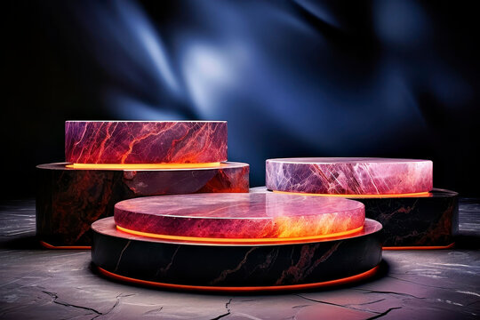 Red and Black Marble Tiered Product Display Podiums with Fiery Orange Neon Glow and Moody Blue Smoke Background