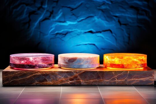 Tri-Color Glowing Marble Circular Product Display Podiums on Large Stone Base and Blue Backdrop