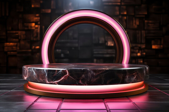 Dark Marble Circular Product Display Podium with Glowing Pink Neon Ring Arch and Tiled Floor
