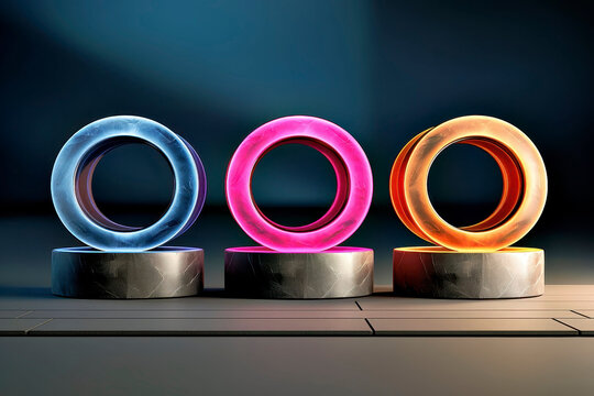 Tri-Color Glowing Ring Podiums with Blue, Pink, and Orange Neon Lighting on Stone Bases
