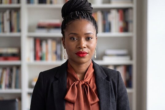 Black businesswoman portrait with red lipstick and bookshelf background