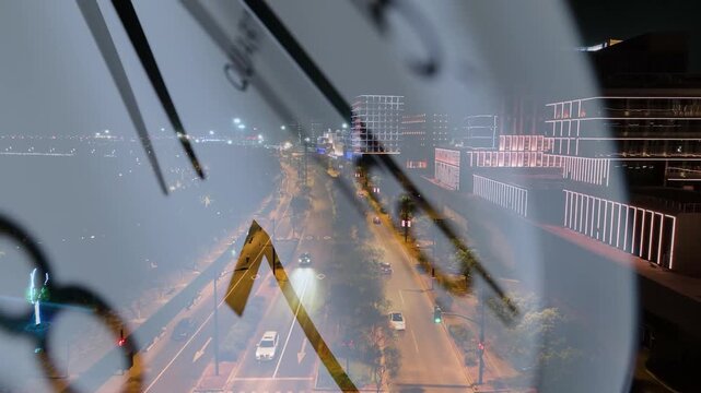 Double exposure clock face covering city with blue sky and white clouds, time lapse abstract background 4K
