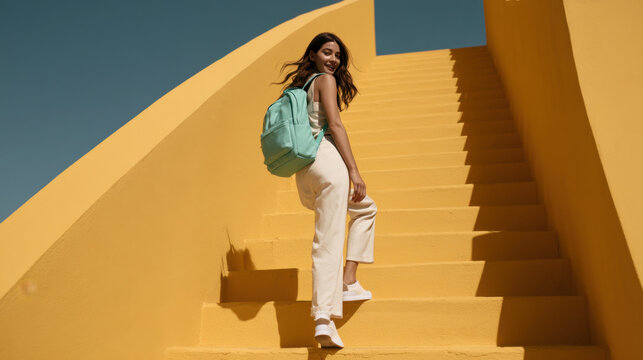 Young woman with turquoise backpack climbing vibrant yellow outdoor stairs against deep blue sky in modern minimalist architecture
