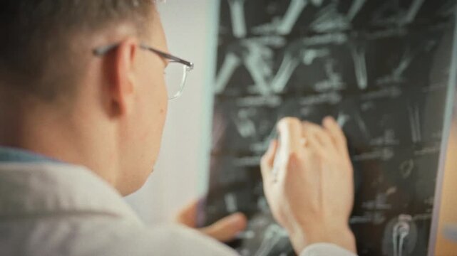 MRI scans and X-ray images line illuminated walls of medical office as doctor scrutinizes them, pinpointing fracture details to ensure precise diagnosis and treatment planning, highlighting imaging