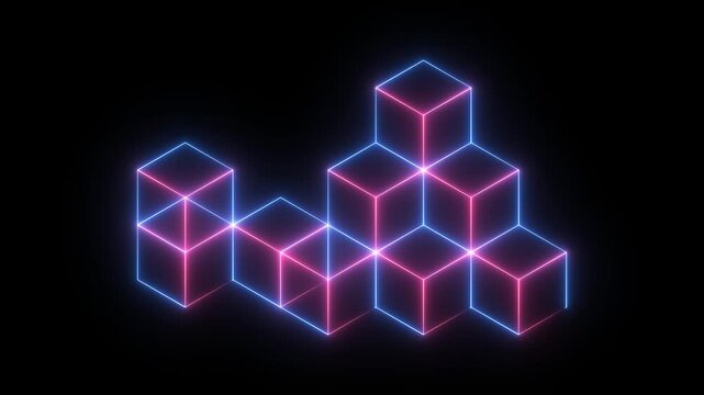 Neon glowing cubes forming a stack on a black background