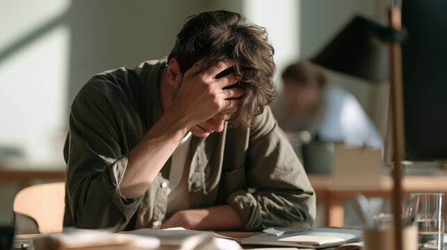 Young man covering his face while sitting at his work desk, overwhelmed with stress, , young man crying, woman sitting in the dark room, burnout, photo style