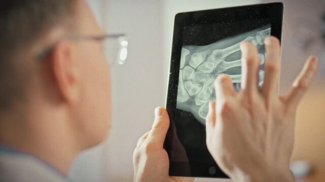 Seasoned doctor studies hand x-ray on sleek touchscreen tablet, zooming in to scrutinize fracture line. This precise digital workflow highlights modern medical imaging's role in accurate diagnosis