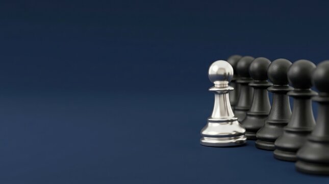 Business strategy, leadership, competition concept with silver chess pawn facing black chess pieces on dark blue background.